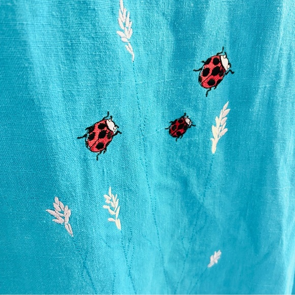 Vintage Ladybug Dress Size Large Sleeveless Midi Embroidered Bright Blue Flowy - Picture 4 of 6